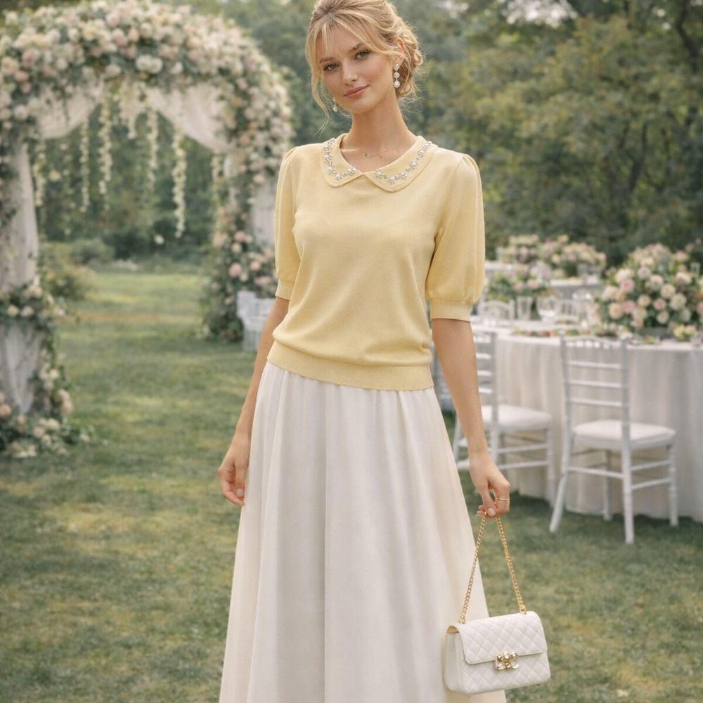 Romantic Pastel Yellow Embellished Knit Sweater L Peter Pan Collar Cottagecore